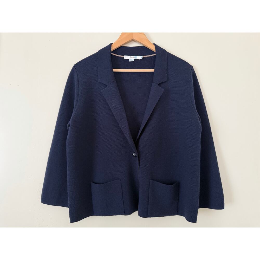 Boden Knit 100% Wool Blazer Sweater Navy Blue Medium Cozy Soft Classic Travel